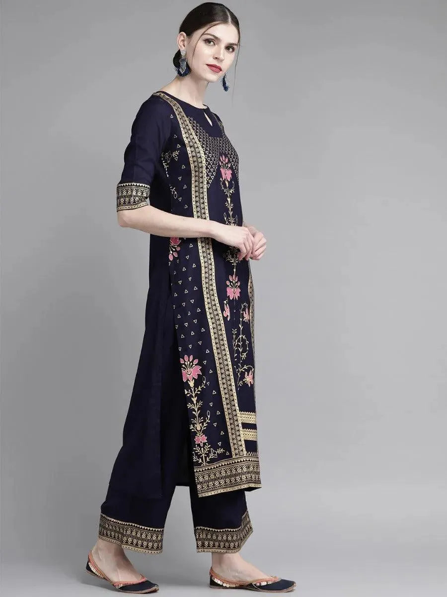 Navy Blue Printed Rayon Kurta Set - Libas 