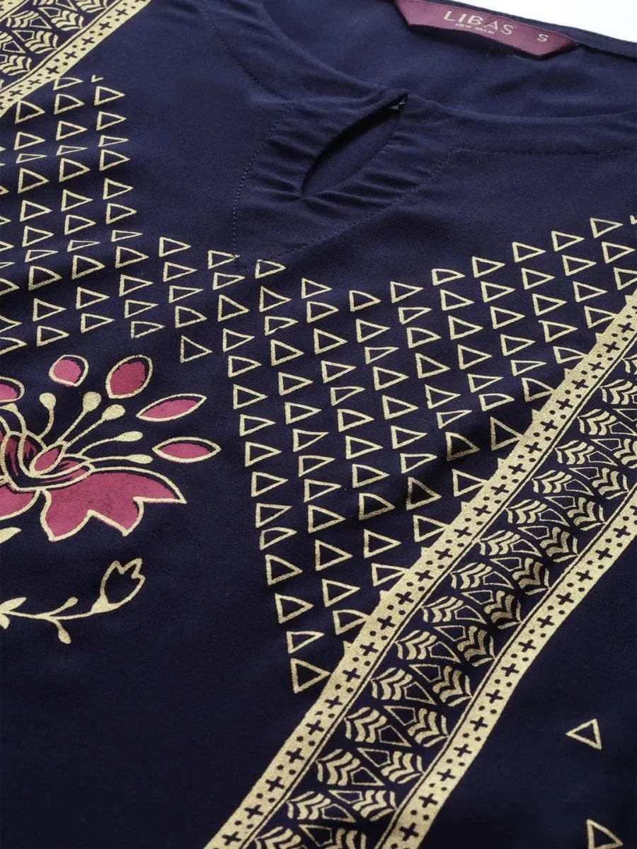 Navy Blue Printed Rayon Kurta Set - Libas 