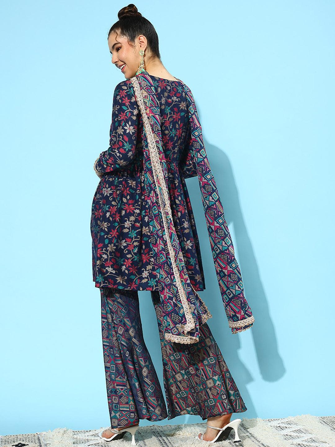 Navy Blue Printed Silk Blend A-Line Sharara Suit Set With Dupatta