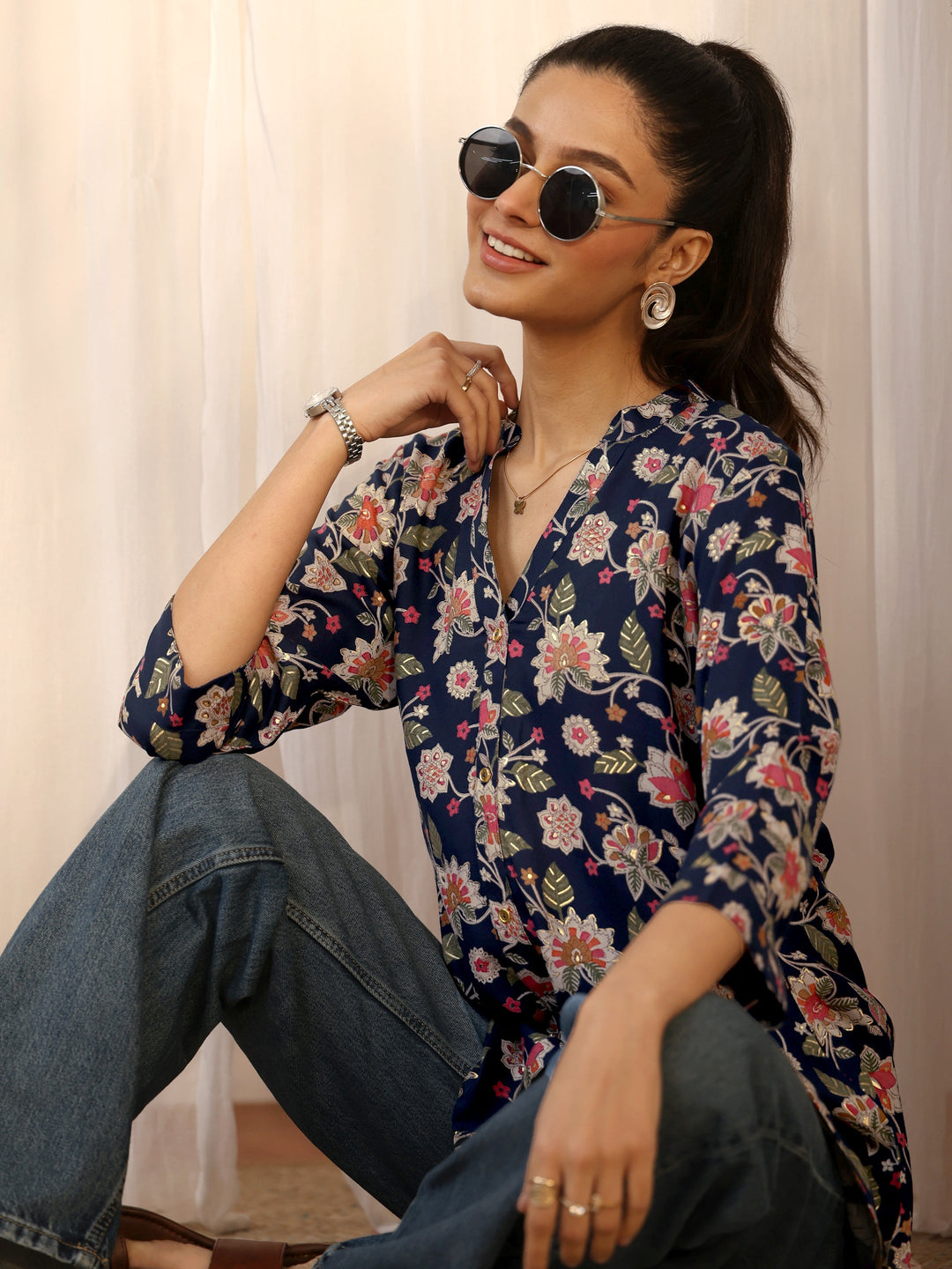  Navy Blue Printed Silk Blend A-Line Short Kurti 