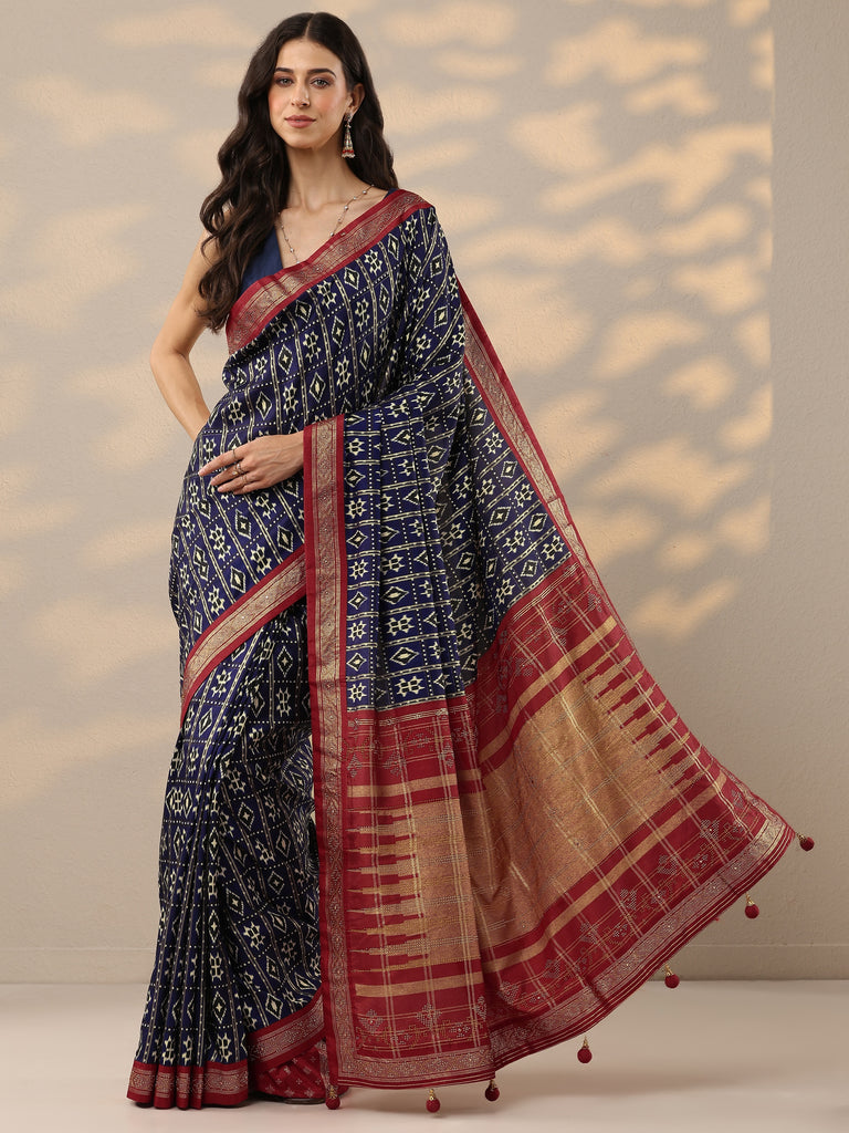 Libas Navy Blue Printed Silk Blend Saree With Unstitched Blouse Piece