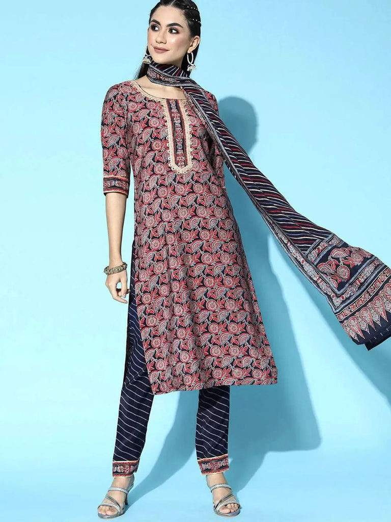 Libas Navy Blue Printed Silk Blend Straight Kurta With Dupatta