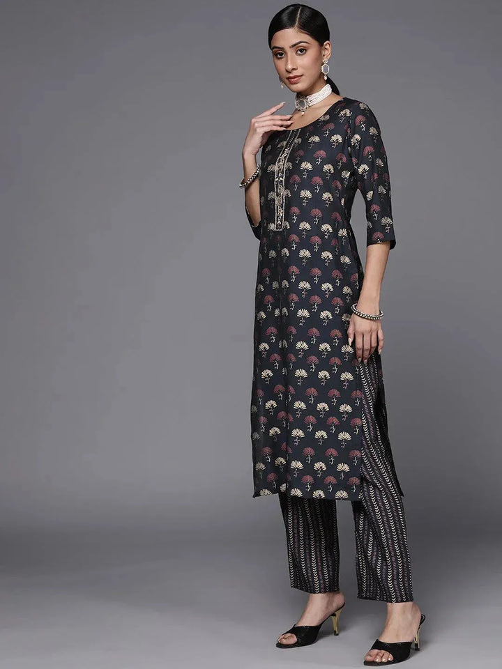 Navy Blue Printed Silk Blend Straight Suit Set - Libas