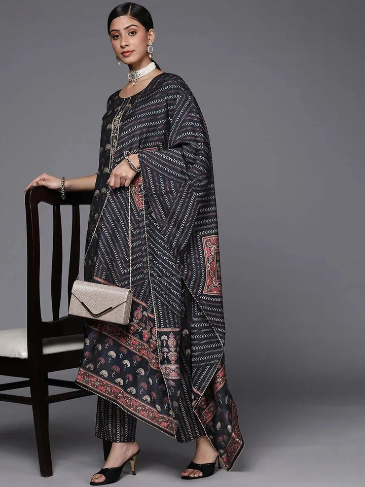 Navy Blue Printed Silk Blend Straight Suit Set - Libas