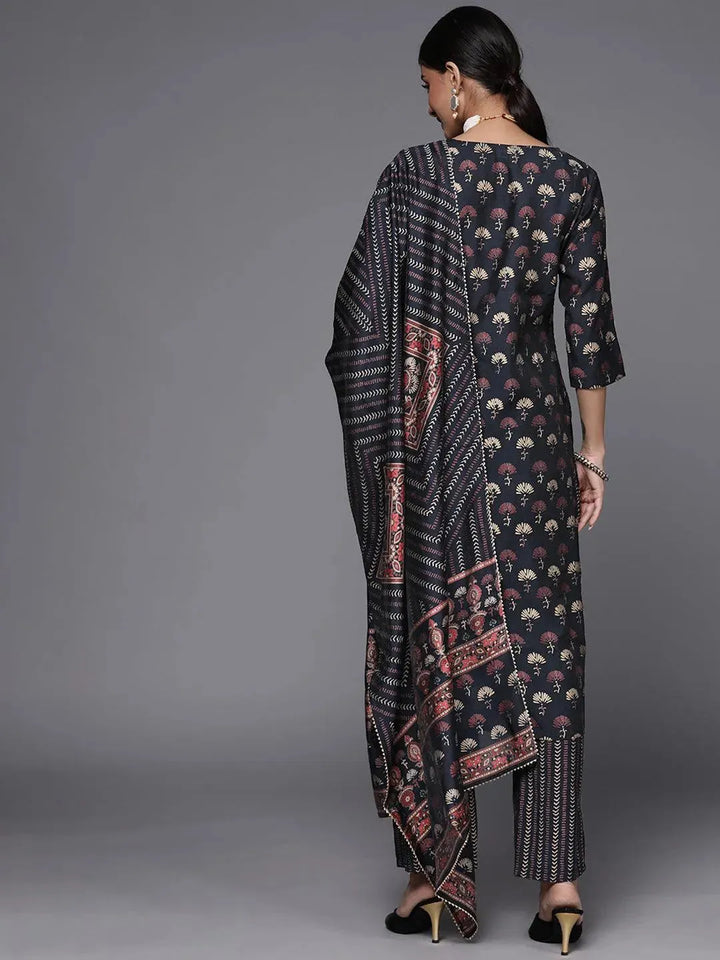 Navy Blue Printed Silk Blend Straight Suit Set - Libas