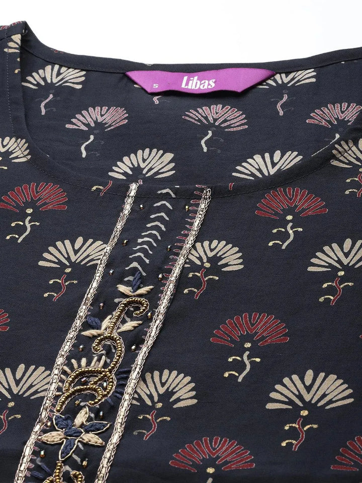 Navy Blue Printed Silk Blend Straight Suit Set - Libas