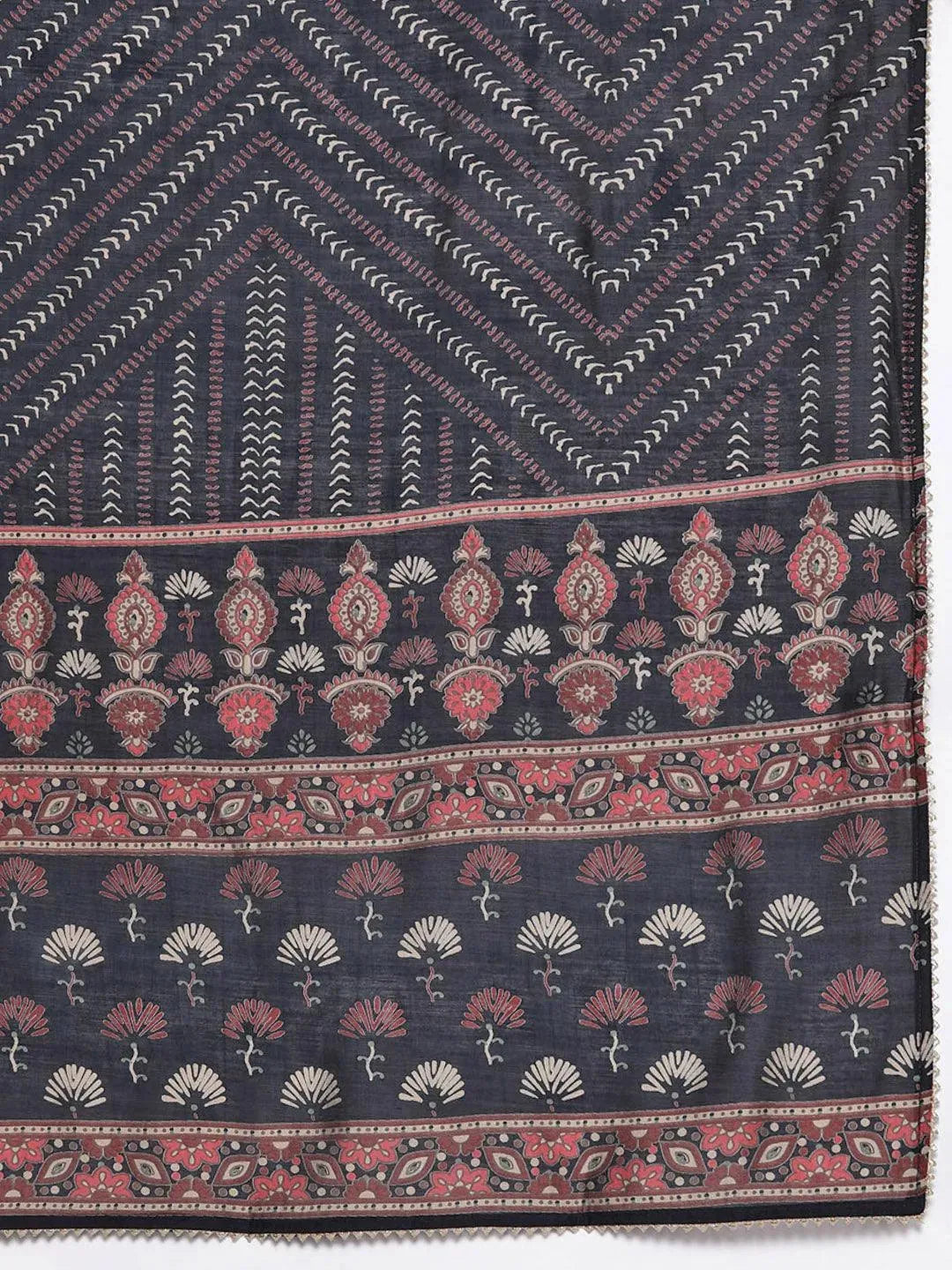 Navy Blue Printed Silk Blend Straight Suit Set - Libas 