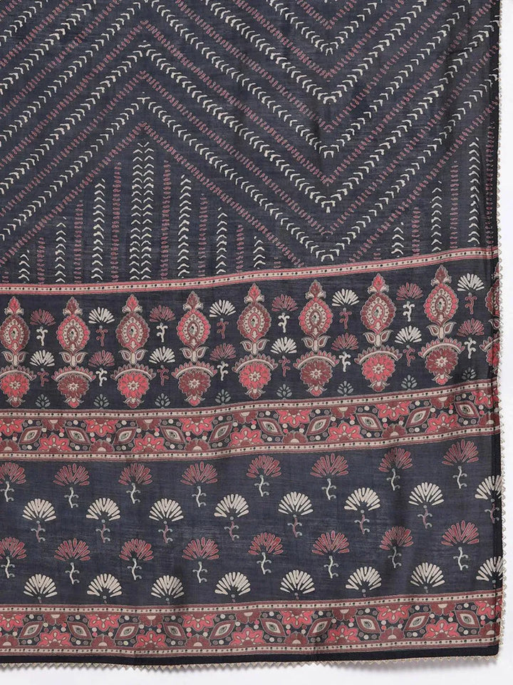 Navy Blue Printed Silk Blend Straight Suit Set - Libas