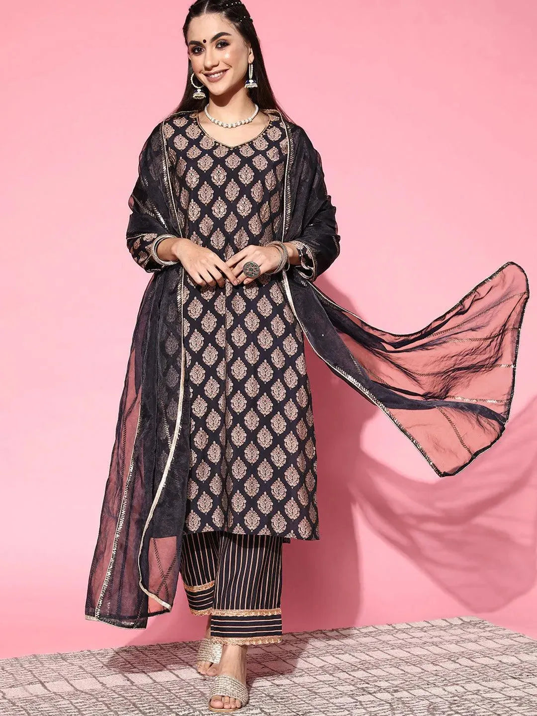Navy Blue Printed Silk Blend Suit Set - Libas