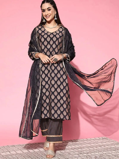 Navy Blue Printed Silk Blend Suit Set - Libas