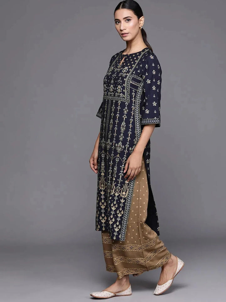 Navy Blue Printed Silk Blend Suit Set - Libas