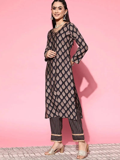 Navy Blue Printed Silk Blend Suit Set - Libas