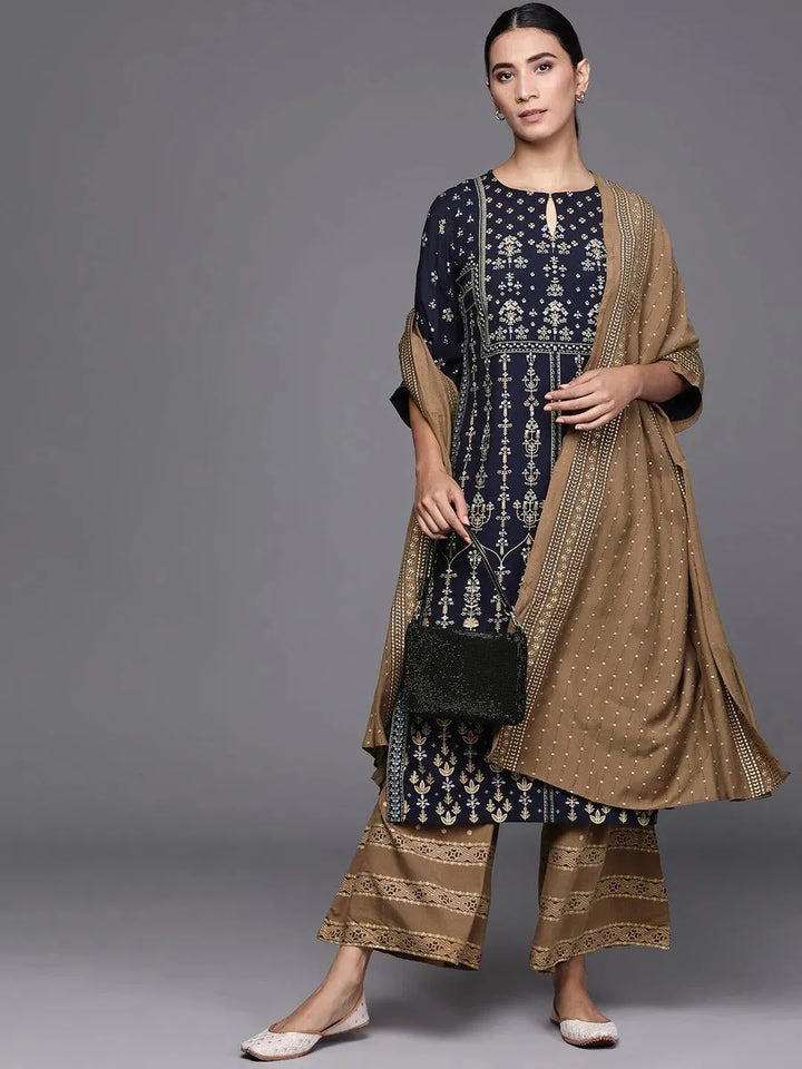 Navy Blue Printed Silk Blend Suit Set - Libas