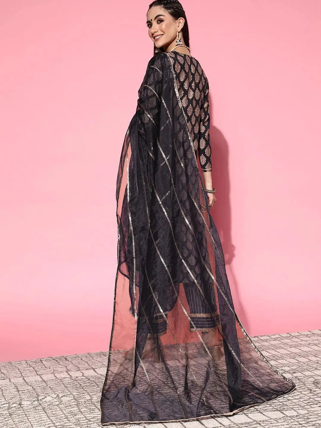 Navy Blue Printed Silk Blend Suit Set - Libas