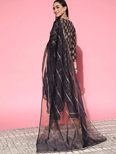 Navy Blue Printed Silk Blend Suit Set - Libas
