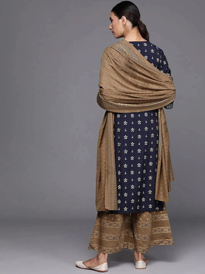 Navy Blue Printed Silk Blend Suit Set - Libas