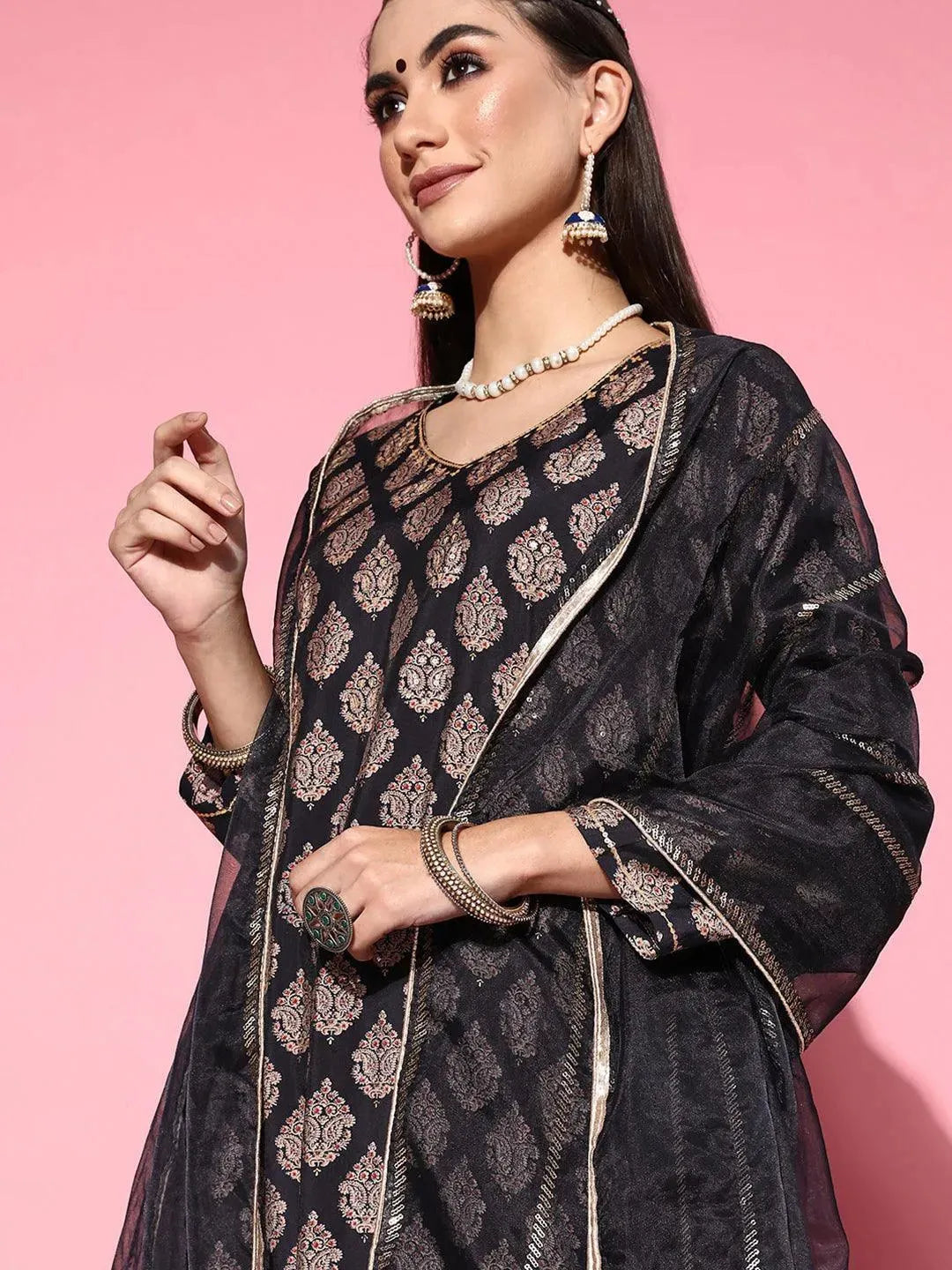 Navy Blue Printed Silk Blend Suit Set - Libas