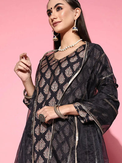 Navy Blue Printed Silk Blend Suit Set - Libas