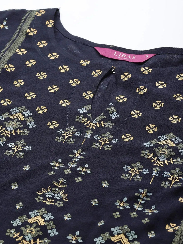 Navy Blue Printed Silk Blend Suit Set - Libas