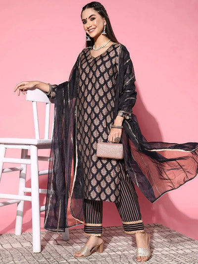 Navy Blue Printed Silk Blend Suit Set - Libas