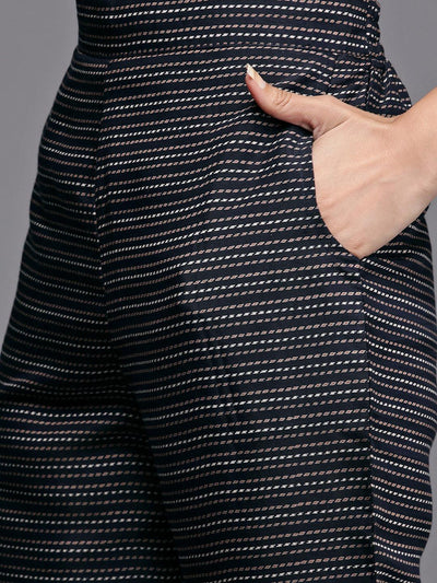 Navy Blue Printed Silk Blend Straight Suit Set - Libas