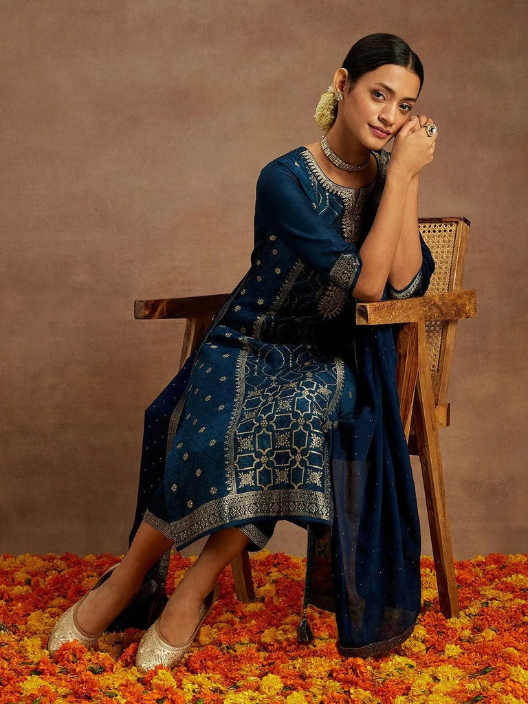 Libas Blue Printed Silk Blend Straight Suit With Dupatta