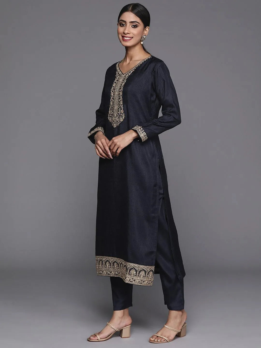 Navy Blue Printed Silk Blend Straight Kurta With Trousers & Dupatta - Libas 