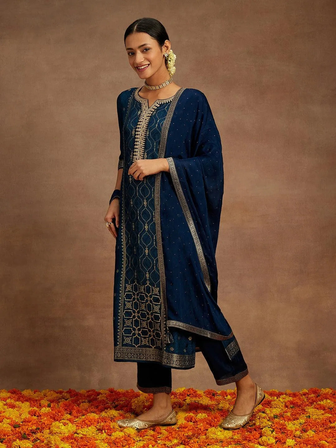 Navy Blue Printed Silk Blend Straight Kurta With Trousers & Dupatta - Libas 