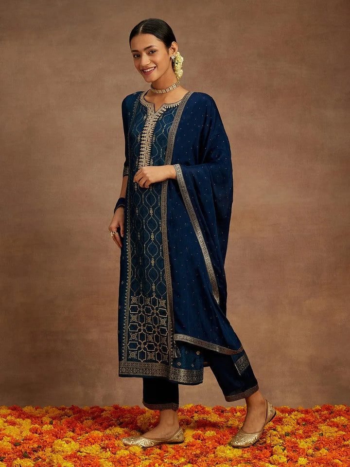 Navy Blue Printed Silk Blend Straight Kurta With Trousers & Dupatta - Libas