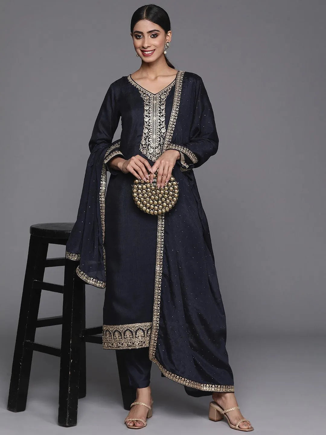Navy Blue Printed Silk Blend Straight Kurta With Trousers & Dupatta - Libas 