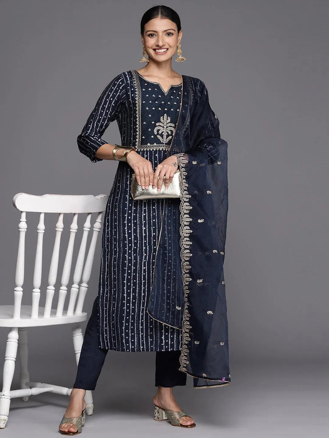 Navy Blue Printed Silk Blend Straight Kurta With Trousers & Dupatta - Libas 