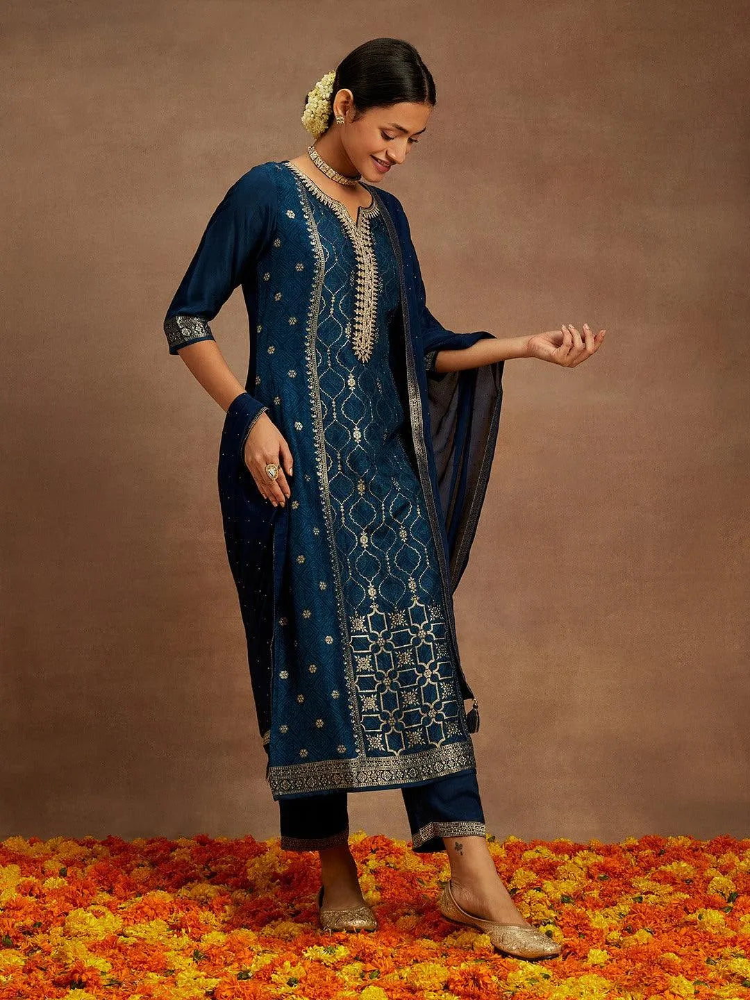 Navy Blue Printed Silk Blend Straight Kurta With Trousers & Dupatta - Libas