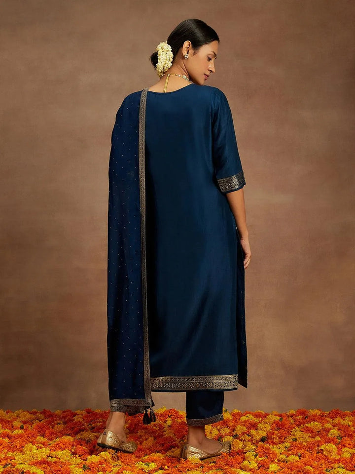 Navy Blue Printed Silk Blend Straight Kurta With Trousers & Dupatta - Libas