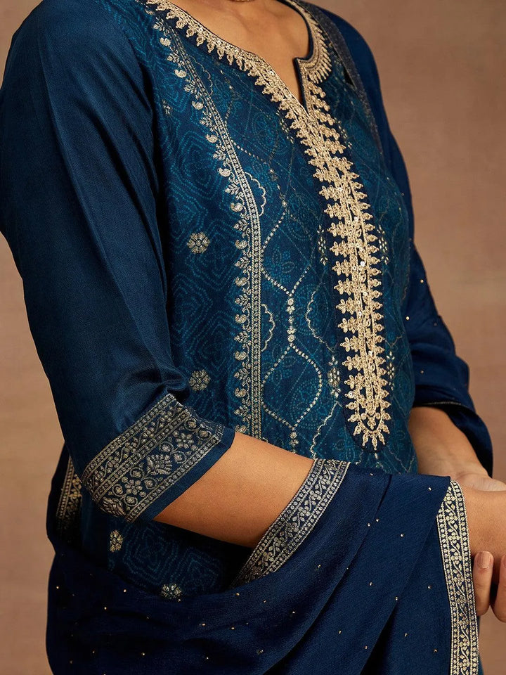 Navy Blue Printed Silk Blend Straight Kurta With Trousers & Dupatta - Libas