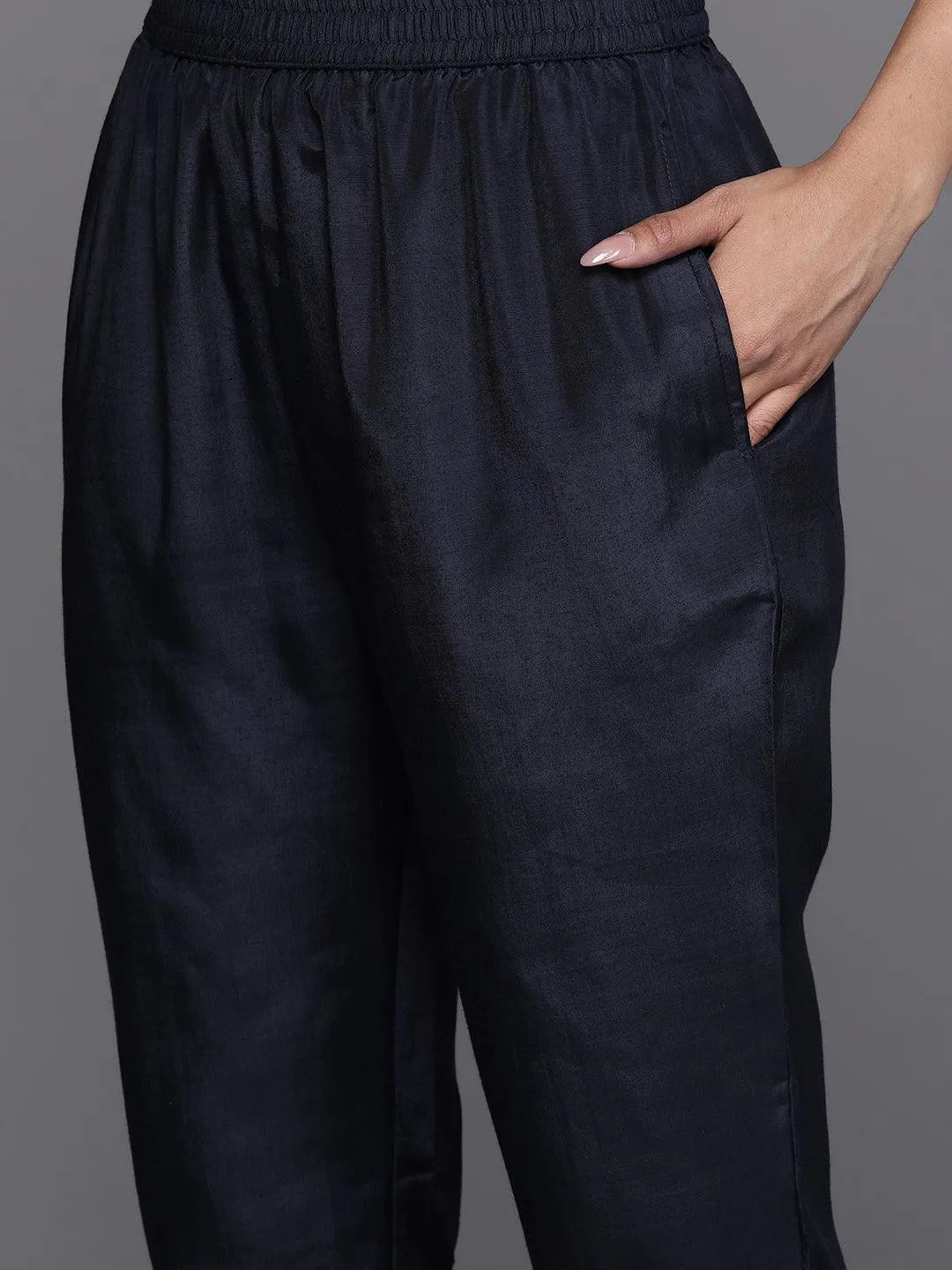 Navy Blue Printed Silk Blend Straight Kurta With Trousers & Dupatta - Libas 