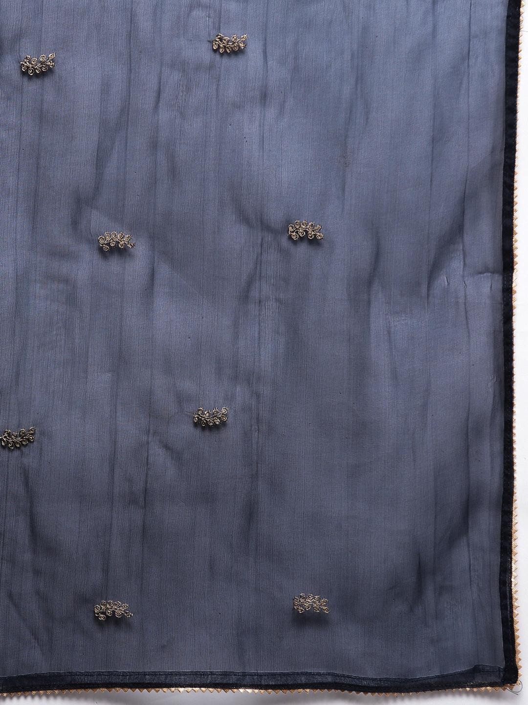 Navy Blue Printed Silk Blend Straight Kurta With Trousers & Dupatta - Libas