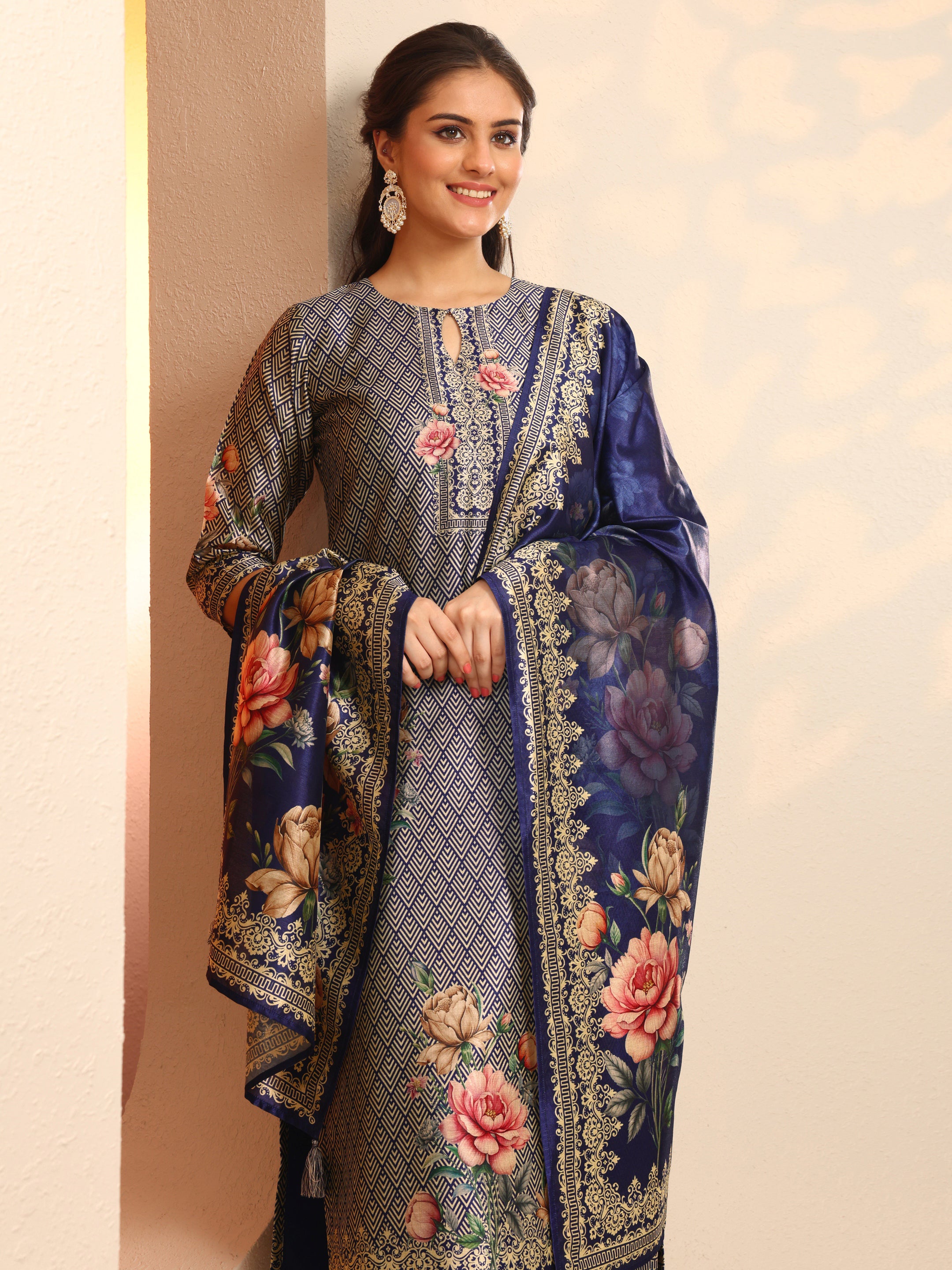 libas Navy Blue Printed Silk Blend Straight Suit Set With Dupatta-picture-37