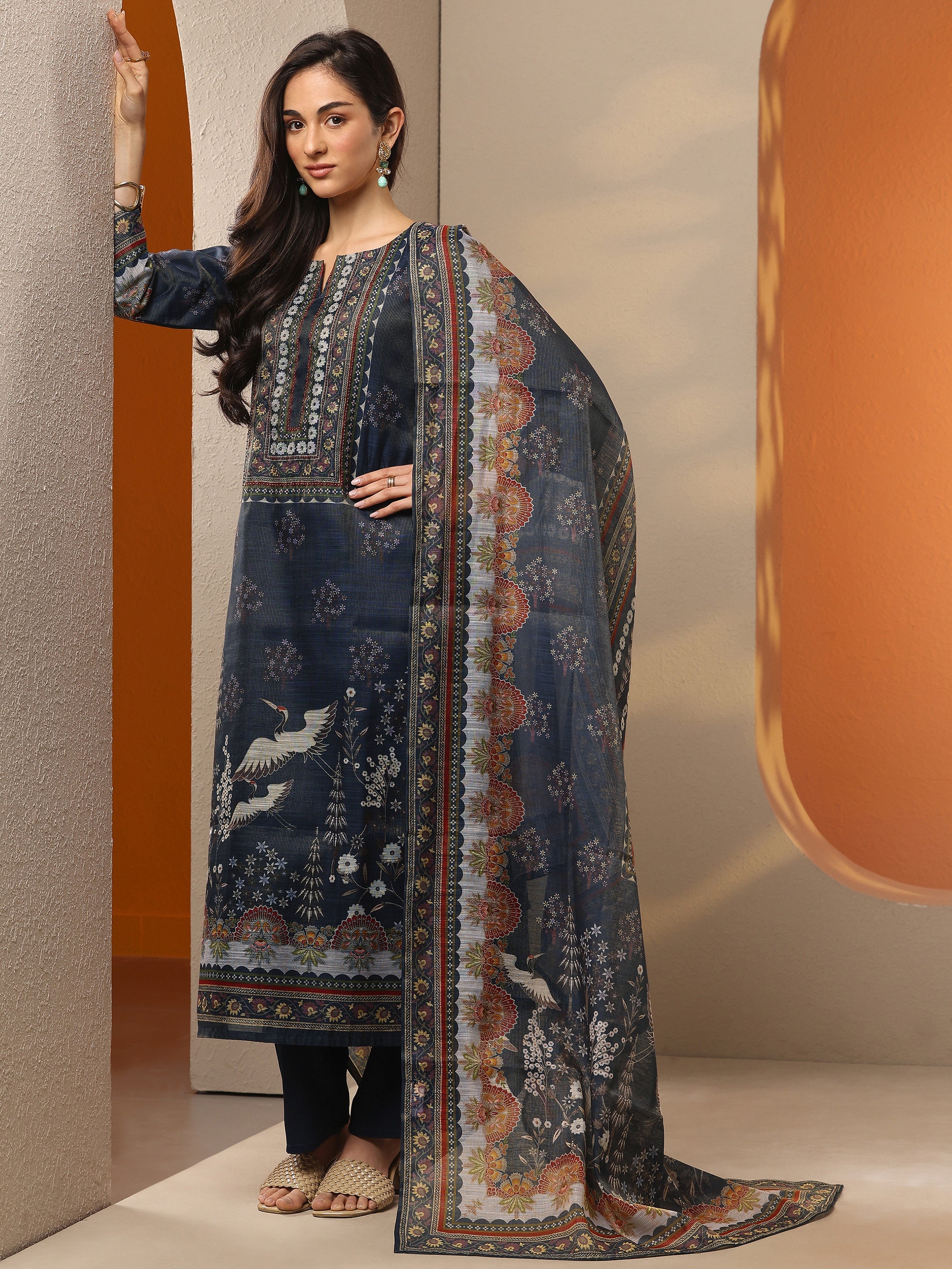 libas Navy Blue Printed Silk Blend Straight Suit Set With Dupatta-picture-60