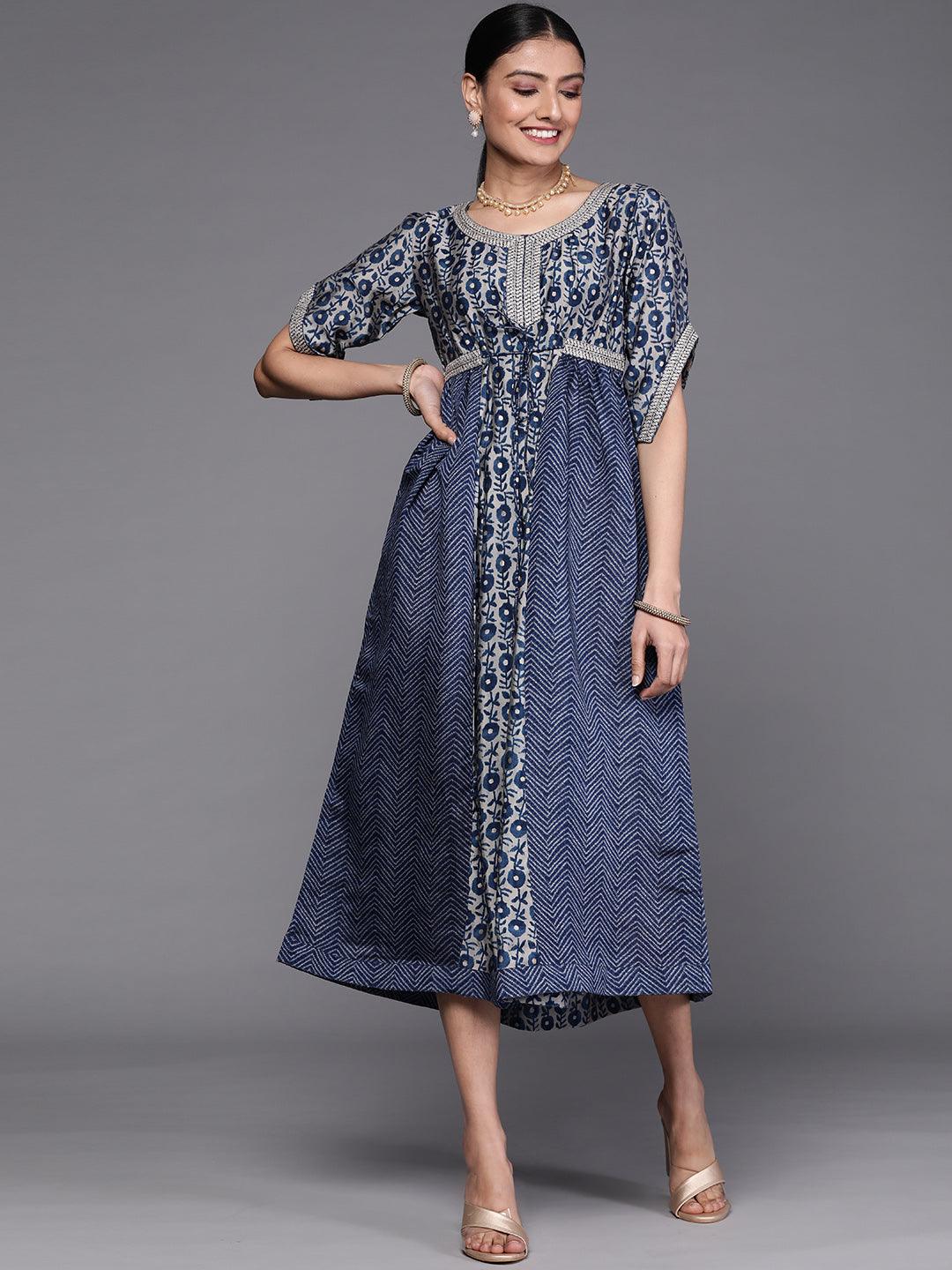 Navy Blue Printed Silk Dress - Libas