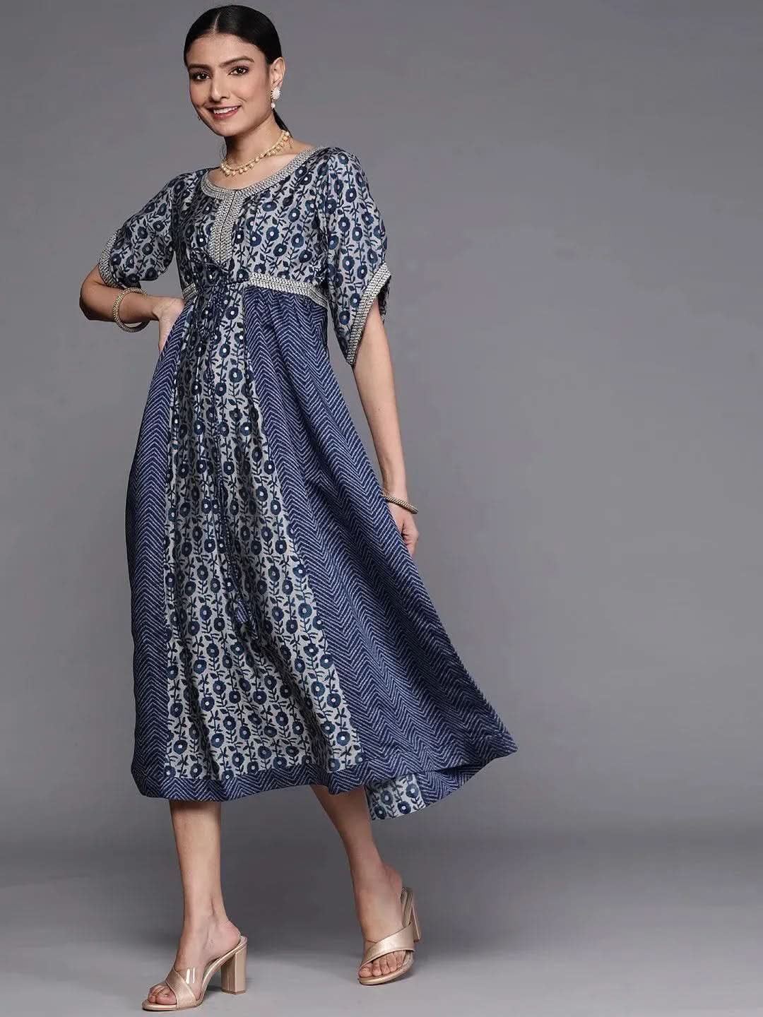 

Buy Navy Blue Printed Silk Dress - 23171O- | Libas Ethnic Wear Online