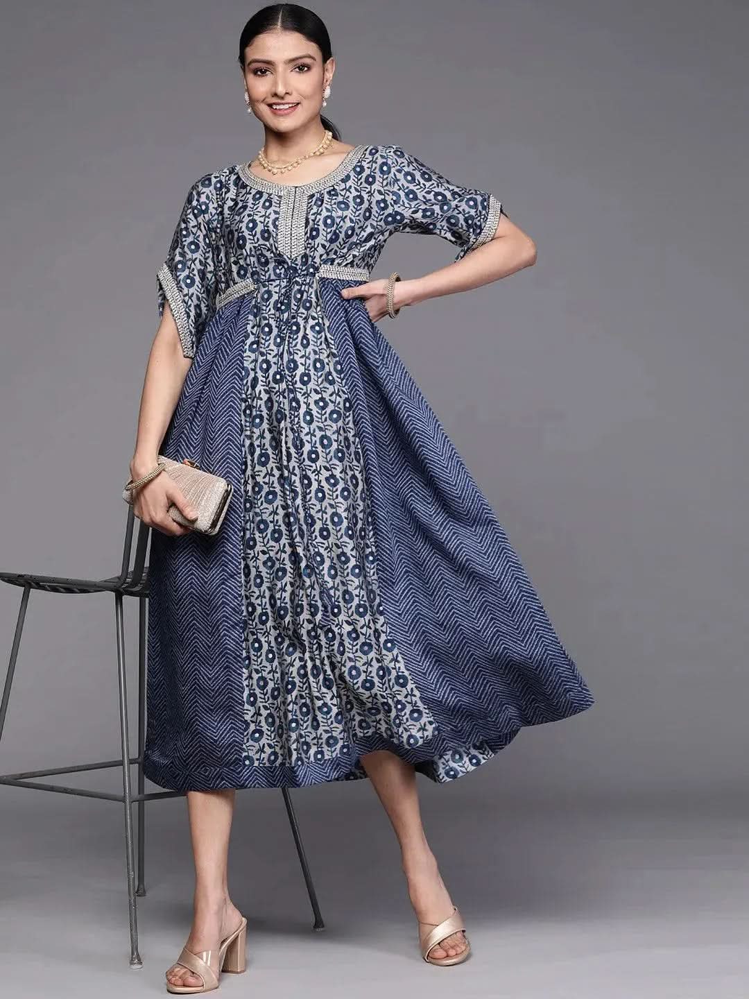 

Buy Navy Blue Printed Silk Dress - 23171O-XS | Libas Ethnic Wear Online