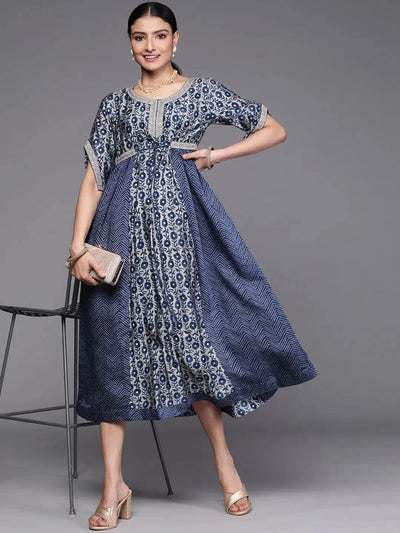 Navy Blue Printed Silk Dress - Libas