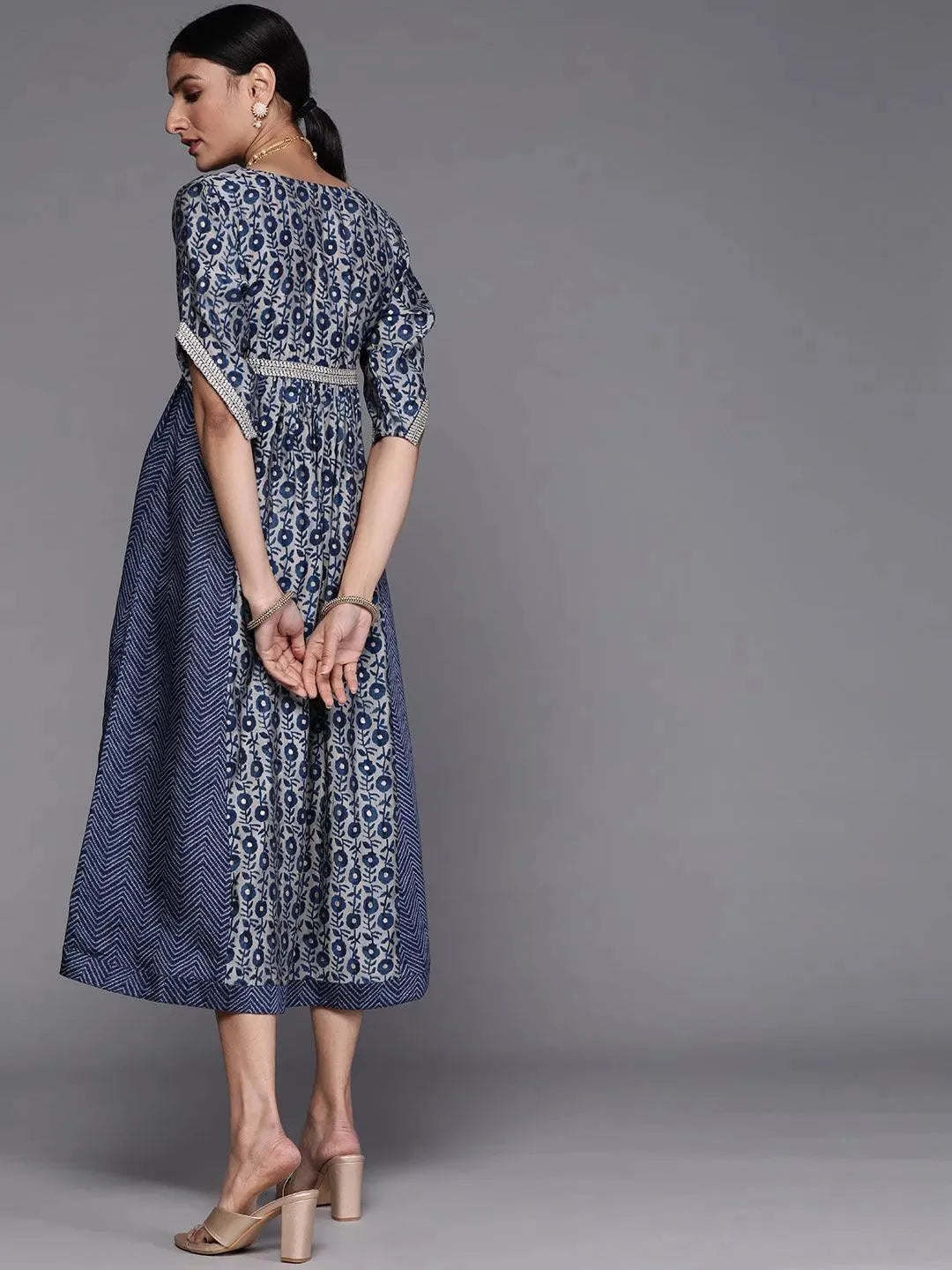 Navy Blue Printed Silk Dress - Libas 