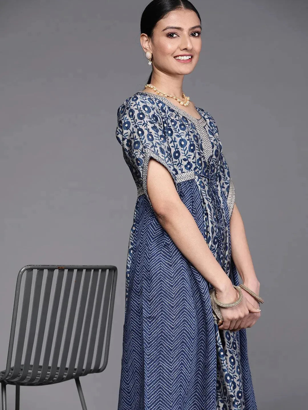 Navy Blue Printed Silk Dress - Libas 