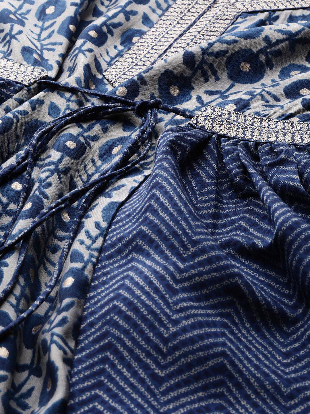 Navy Blue Printed Silk Dress - Libas