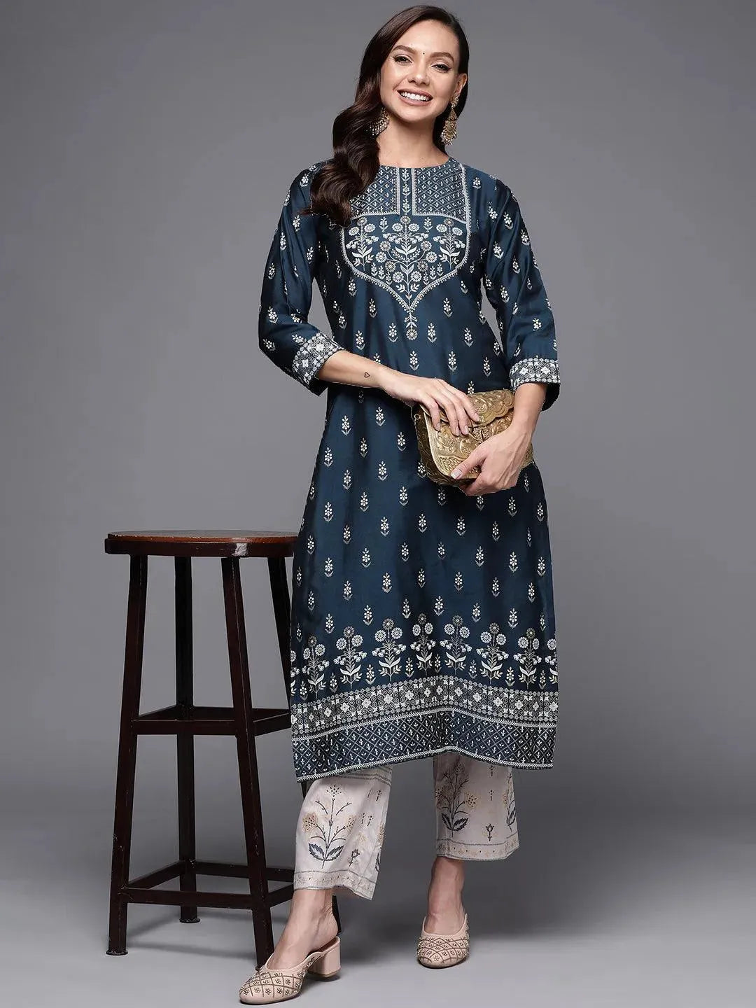 Navy Blue Printed Silk Kurta - Libas 