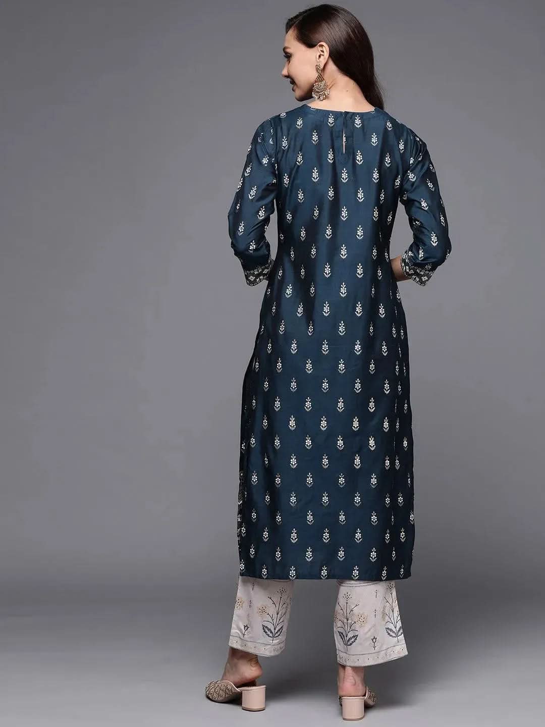 

Navy Blue Printed Silk Kurta