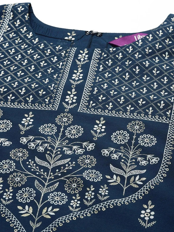 Navy Blue Printed Silk Kurta - Libas