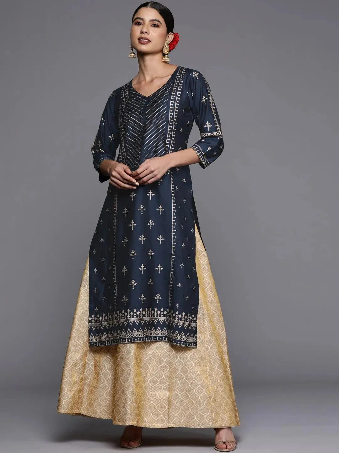 Navy Blue Printed Silk Straight Kurta - Libas