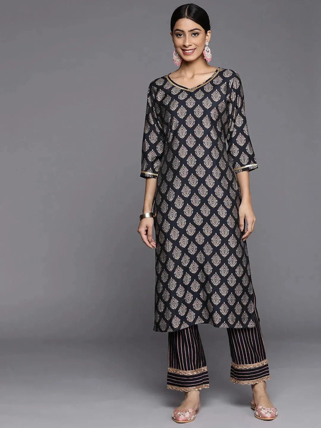 Navy Blue Printed Silk Straight Kurta - Libas